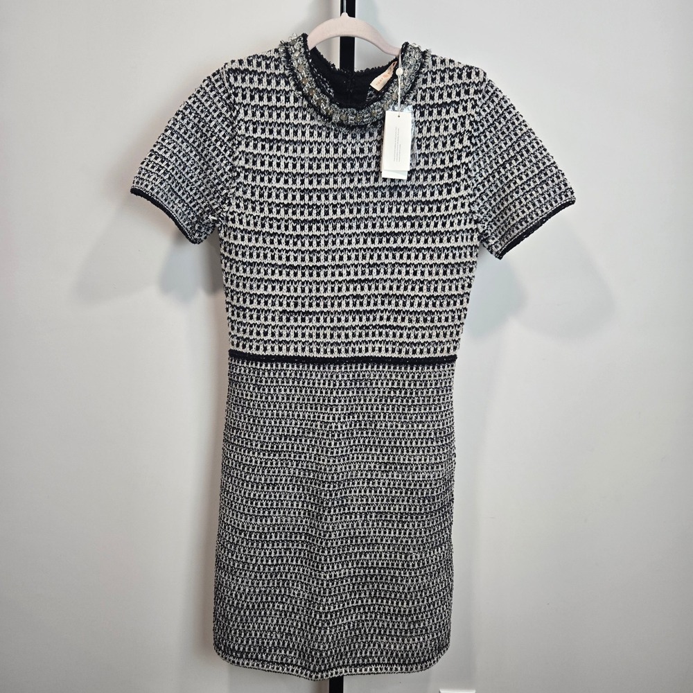 Tory Burch Embellished Tweed Dress Silver Black Metallic Womens Medium NWT